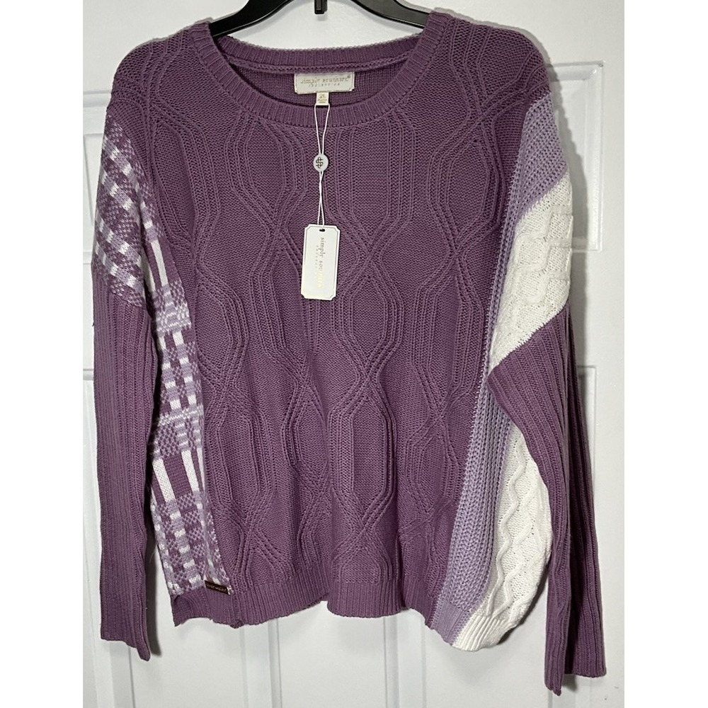 Simply Southern Maya Grape/White Chunky Knit Checkered Sweater Women's XL